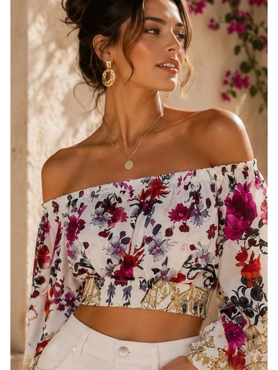Camilla Tops - CAMILLA Floral Off the Shoulder Silk Blouse